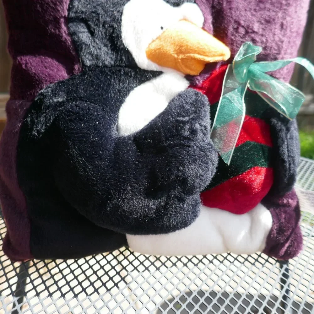 3-D Penguin Plush Pillow Christmas Winter Present Bow Purple 13 inch Vintage